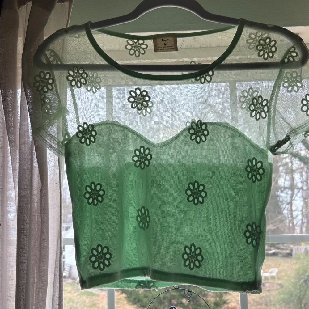 Pins & Needles Mint Green Sheer Floral Mesh Crop Top - Picture 4 of 5